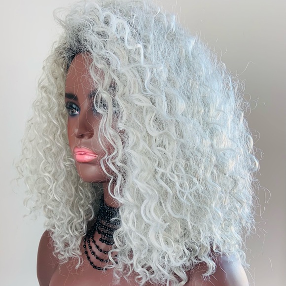 “Put On & Go” Ombre White Grey Premium Fiber Curly Wig for Daily Wear or Events - Picture 6 of 7